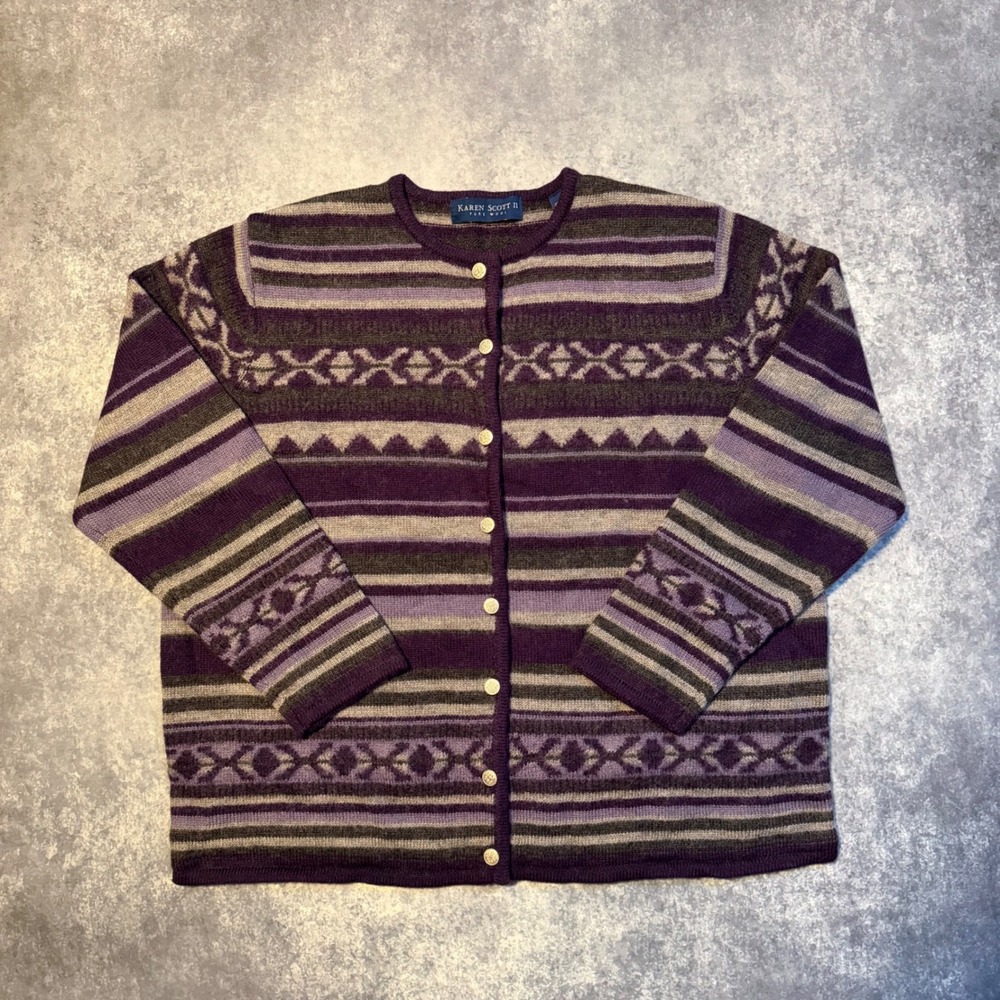 Vintage Karen Scott II Pure Wool Cardigan Sweater Womens 1X Purple Fair Isle‎